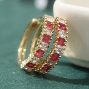 14K Gold Womens 2ct Rose Red Ruby Gemstone 1ct Diamond Small Hoop Earrings NEW